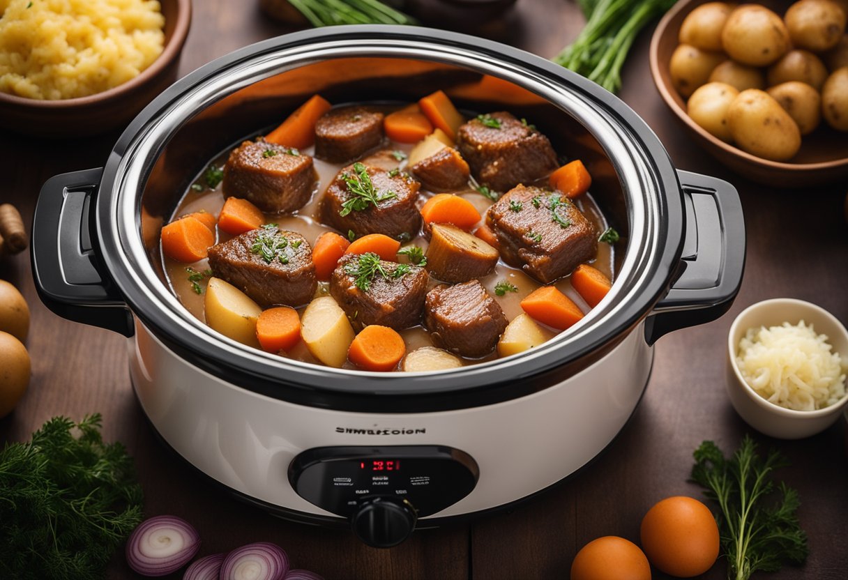 A slow cooker with simmering Swiss steak, surrounded by carrots, onions, and potatoes