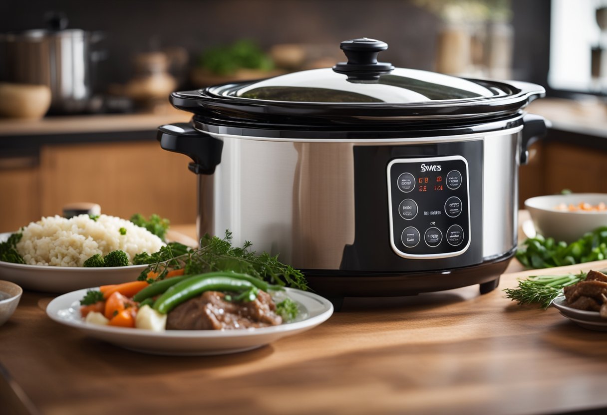 A slow cooker sits on a kitchen counter with a steaming pot of Swiss steak inside. Aromatic herbs and vegetables surround the dish, creating a warm and inviting scene