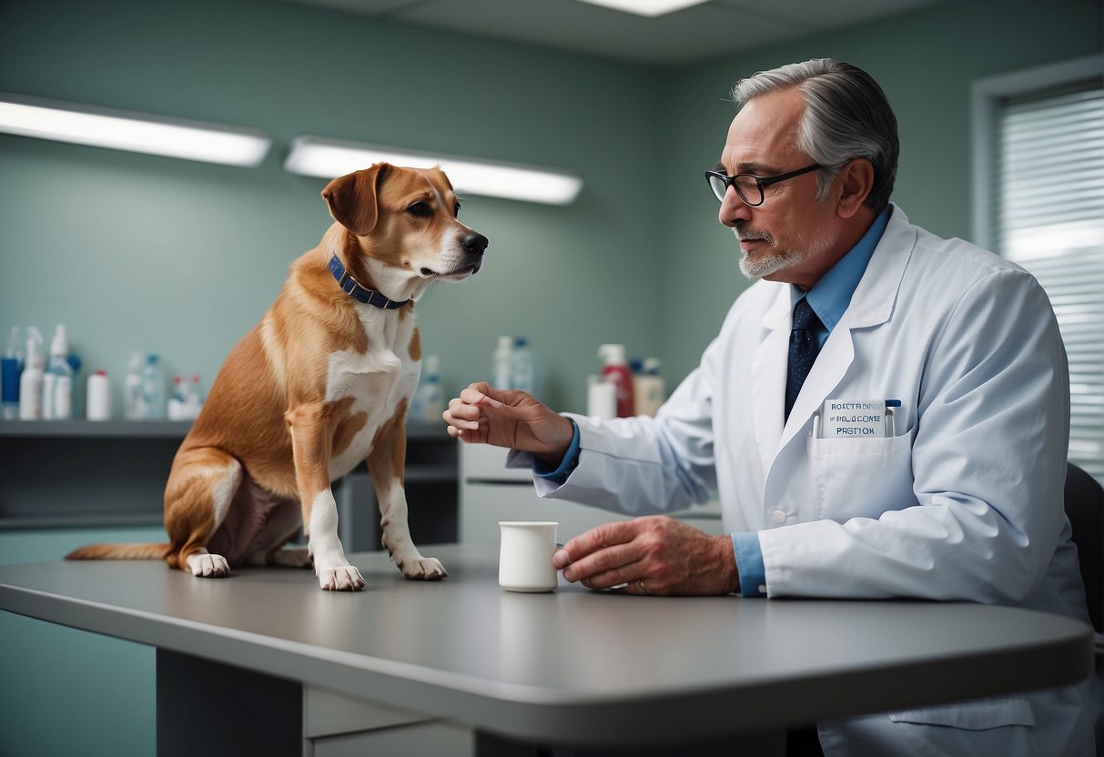 A dog receiving prednisone from a veterinarian in a clinic