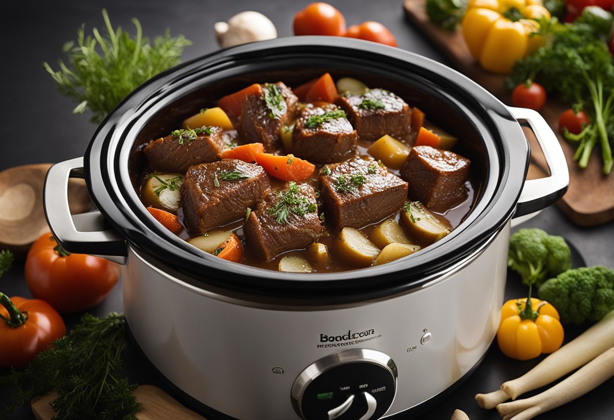 A slow cooker sits on a kitchen counter, filled with tender chunks of Swiss steak, surrounded by aromatic herbs and vegetables