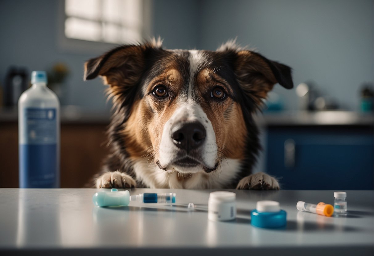A dog receiving a dose of prednisone from a veterinarian, with the medication bottle and a syringe in the background