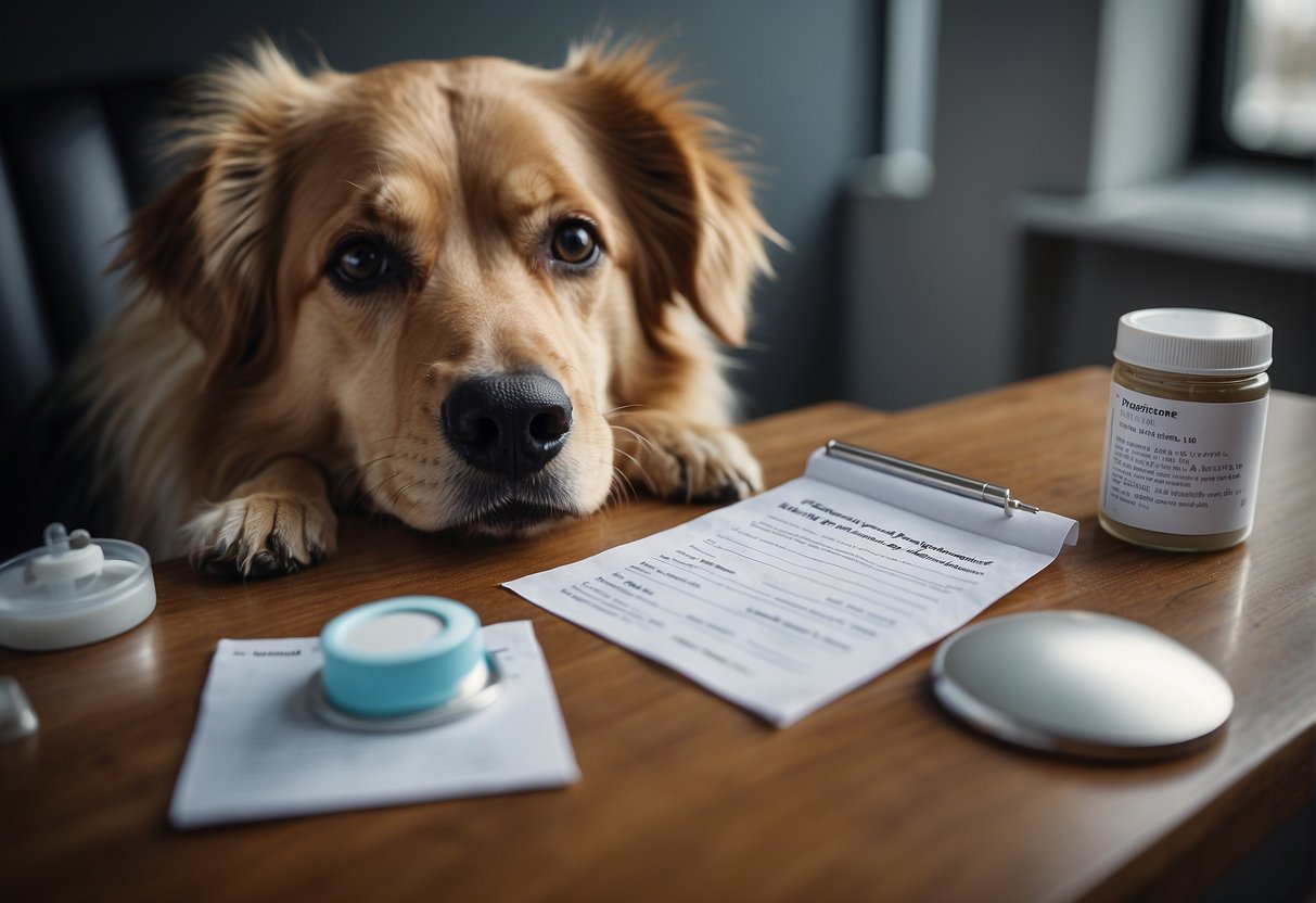 A dog receiving prednisone from a vet, with a bottle of medication and a list of side effects on a table