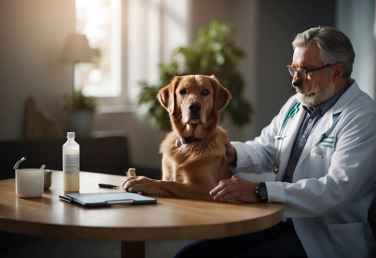 A dog sitting next to a bottle of prednisone, with a veterinarian holding a clipboard and explaining its uses to the dog's owner