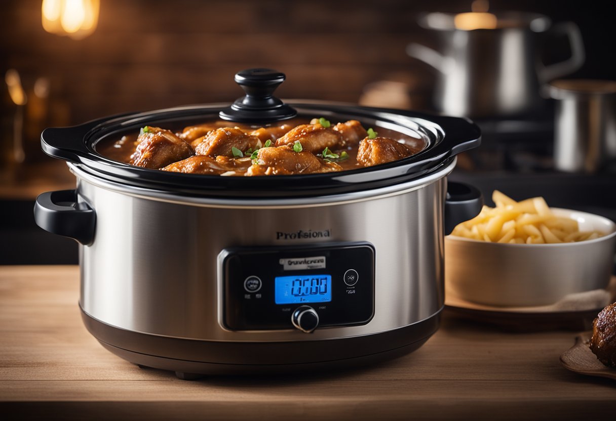 A slow cooker filled with tender, saucy barbecue chicken surrounded by a cloud of steam, with a hint of caramelized onions and smoky aroma in the air