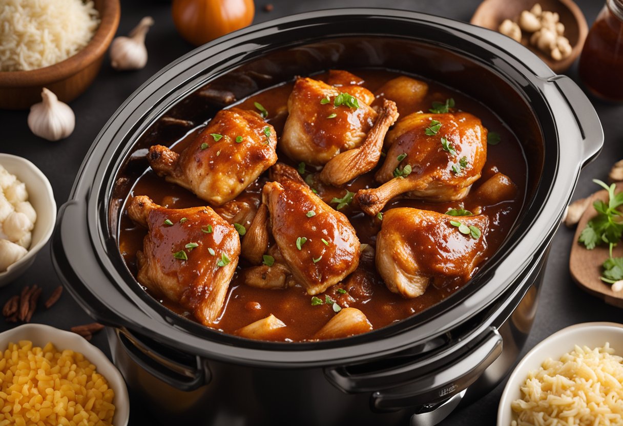 A slow cooker filled with barbecue chicken, surrounded by ingredients like BBQ sauce, garlic, and spices