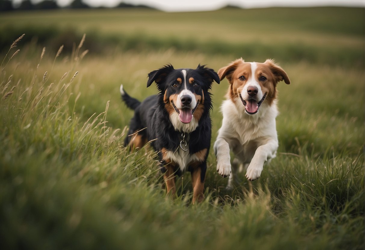 Two dogs urinating blood in a grassy field