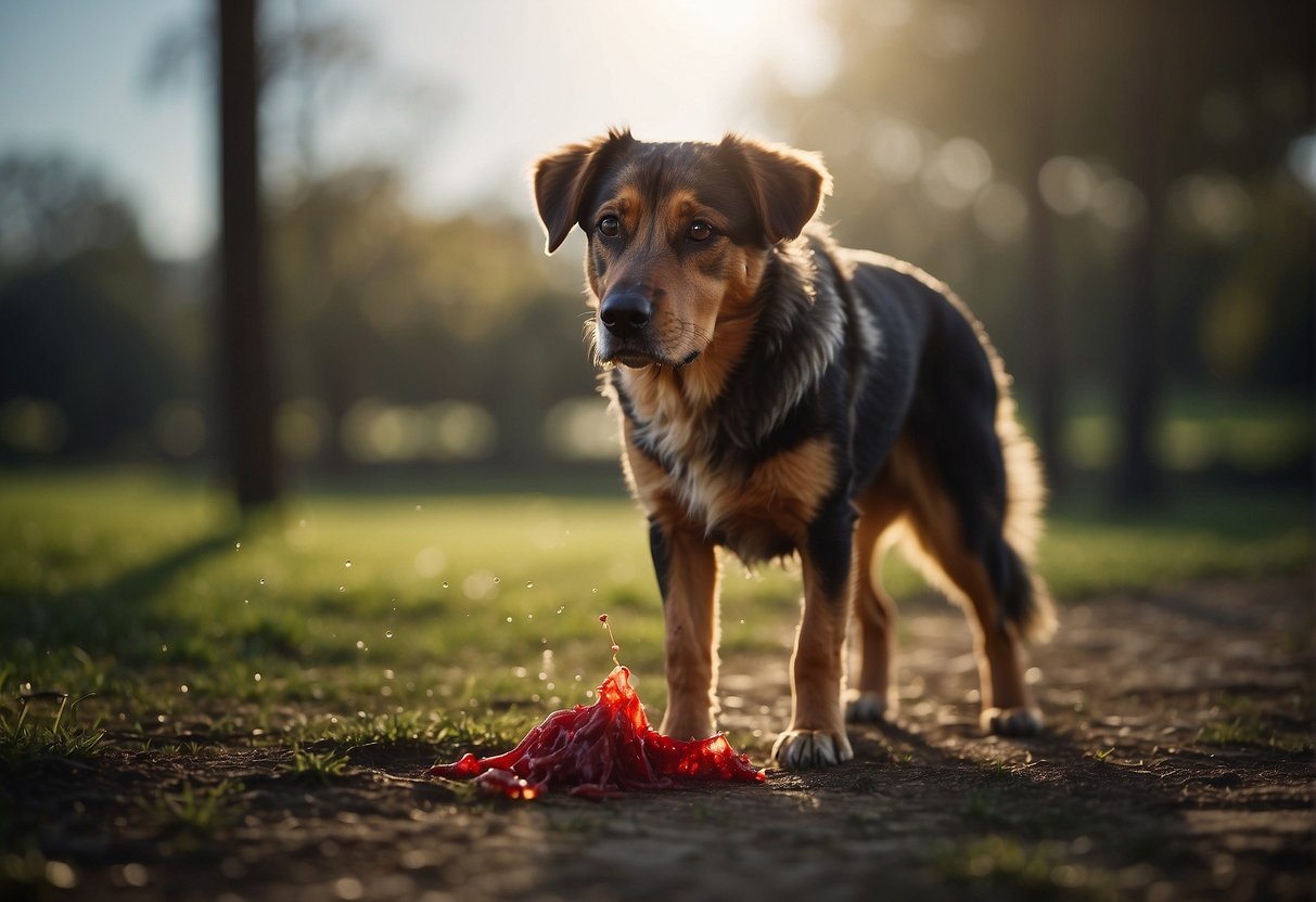 A dog urinating blood, possibly due to urinary tract infection or kidney disease. Show a distressed canine with red-tinged urine