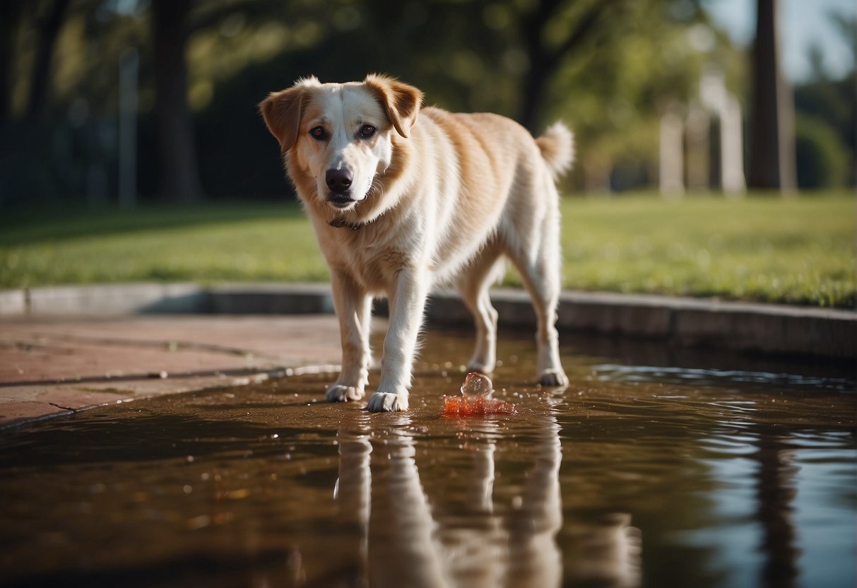 A dog squatting to urinate, with a small pool of blood forming beneath it