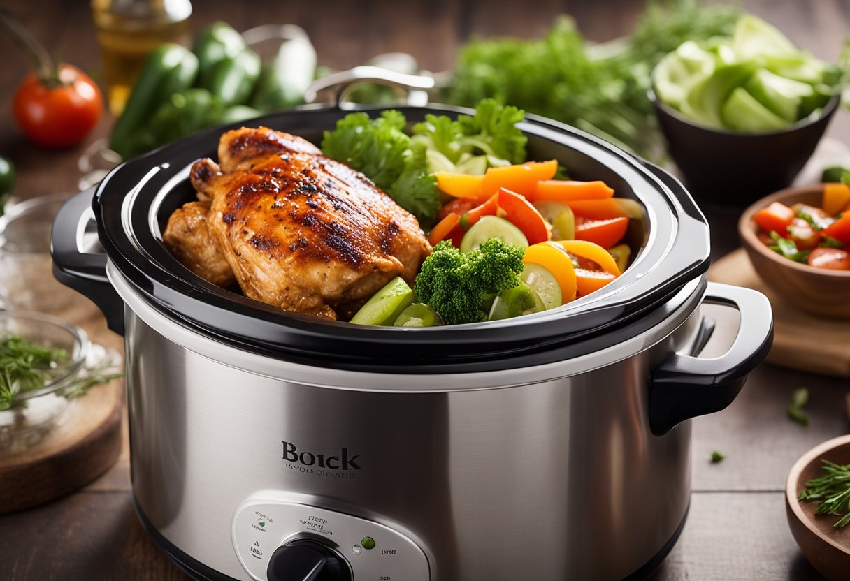 A slow cooker filled with tender, saucy barbecue chicken, surrounded by vibrant, fresh vegetables and a garnish of chopped herbs