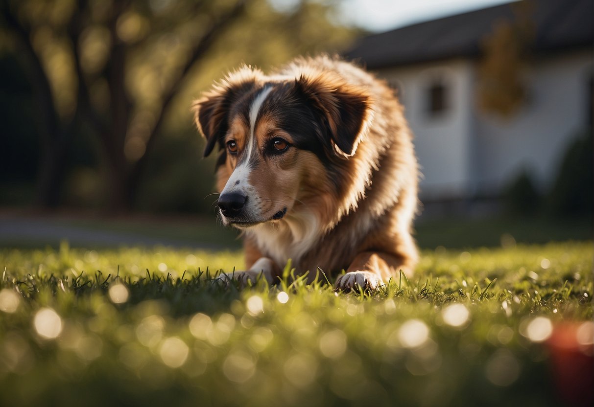 A dog urinating blood, with a concerned owner looking on