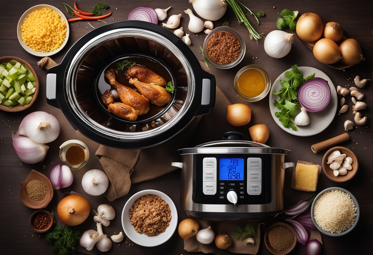 A slow cooker filled with barbecue chicken, surrounded by various ingredients such as onions, garlic, and spices. A digital display shows the cooking time and temperature