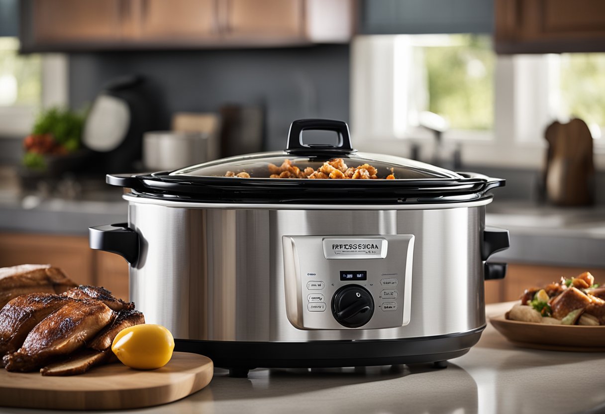 A slow cooker sits on a kitchen counter. It is filled with barbecue chicken, surrounded by various safety precautions such as oven mitts, a timer, and a fire extinguisher nearby