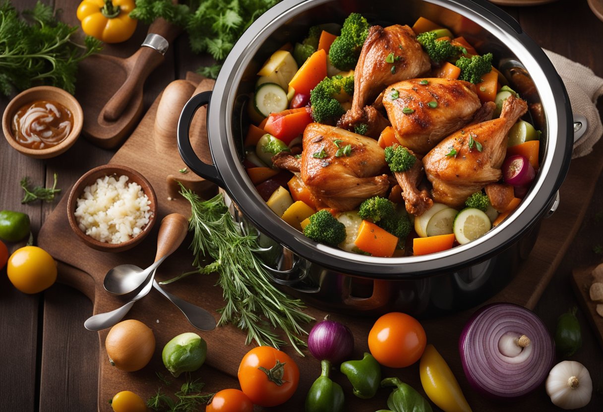 A slow cooker filled with tender, saucy barbecue chicken surrounded by colorful vegetables and herbs