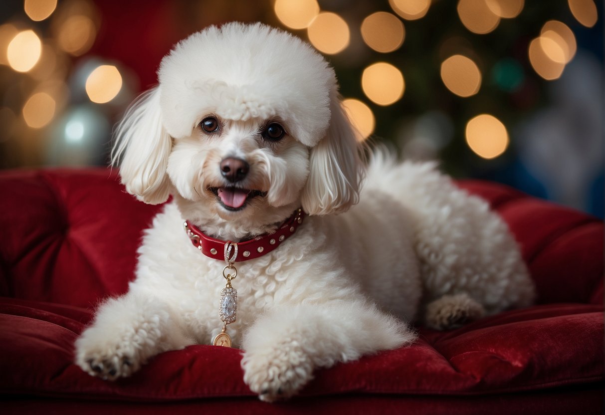 A fluffy white poodle sits on a red velvet cushion, surrounded by sparkling jewels and a price tag reading "¿Cuánto vale un caniche?"