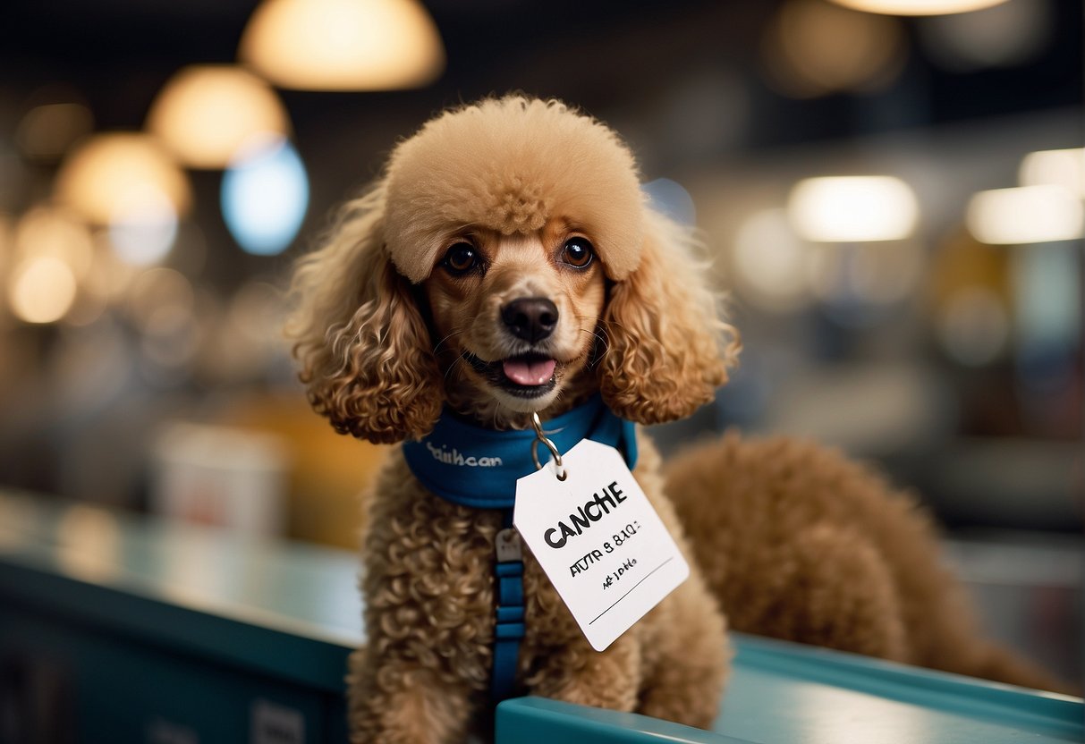 A poodle with curly fur, floppy ears, and a wagging tail stands next to a price tag labeled "Caniche."