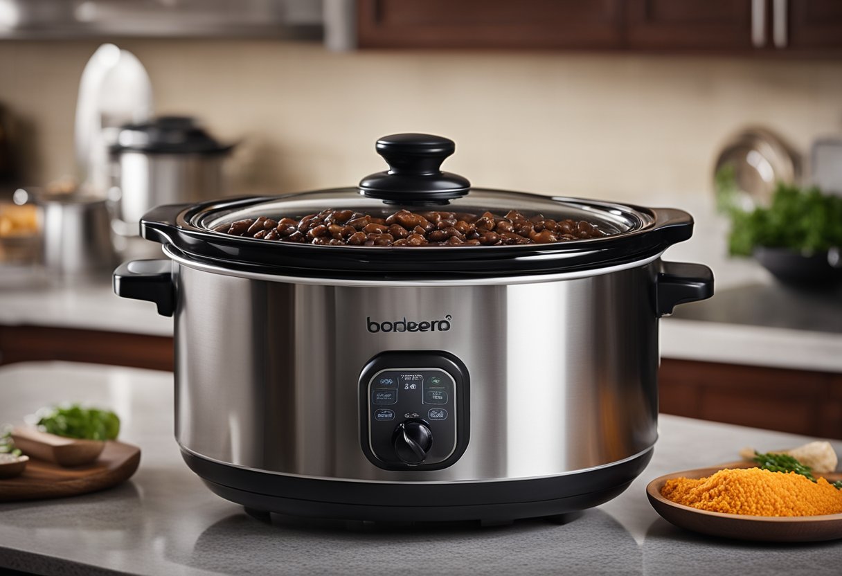 A slow cooker sits on a kitchen counter, filled with simmering black bean soup. Steam rises from the pot, and the aroma of spices fills the air