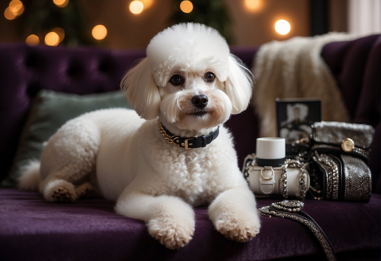 A fluffy white poodle sits on a velvet cushion, surrounded by luxurious dog accessories and a price tag reading "Caniche Cost."