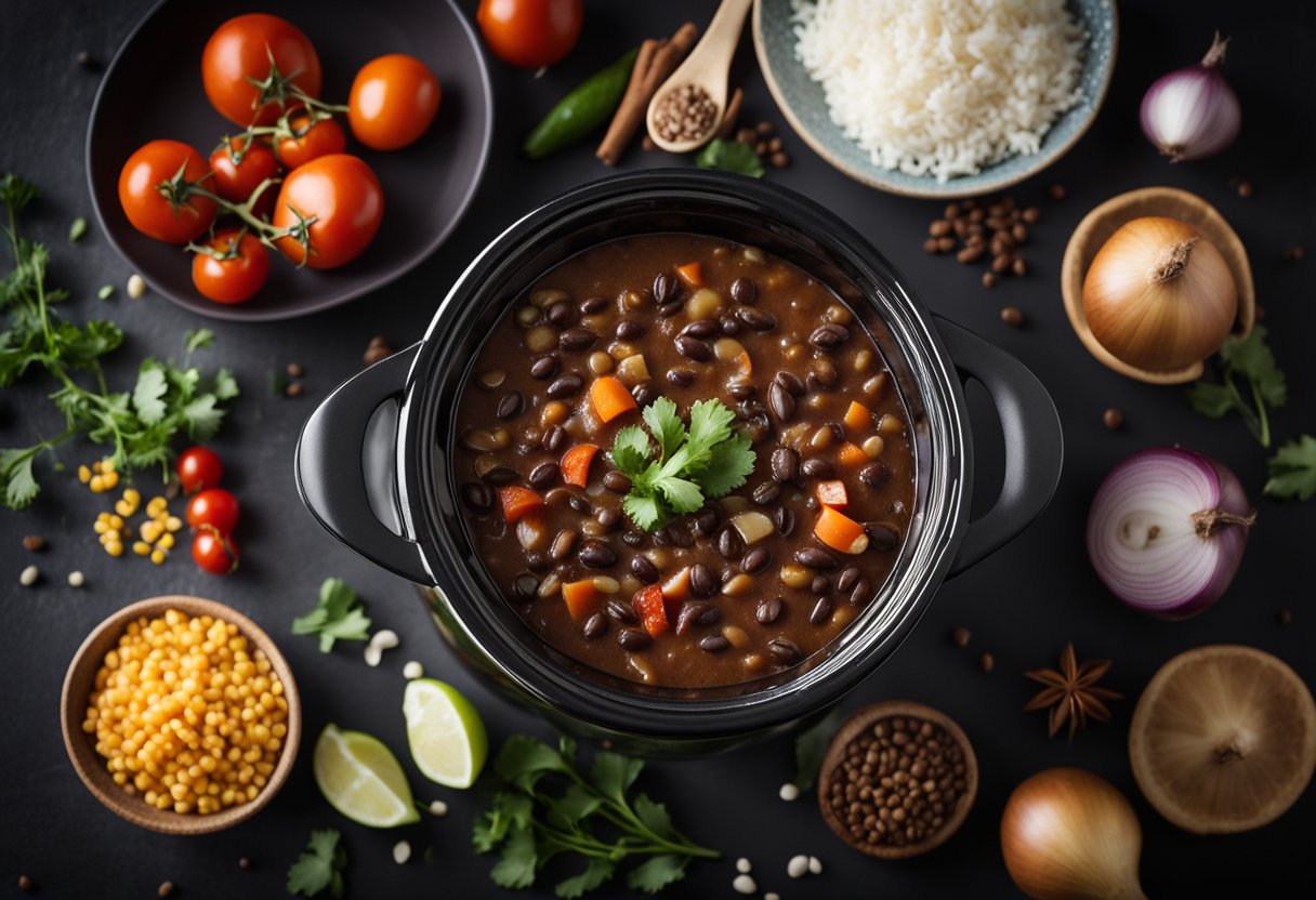 A slow cooker filled with black bean soup, surrounded by essential ingredients like onions, garlic, tomatoes, and spices