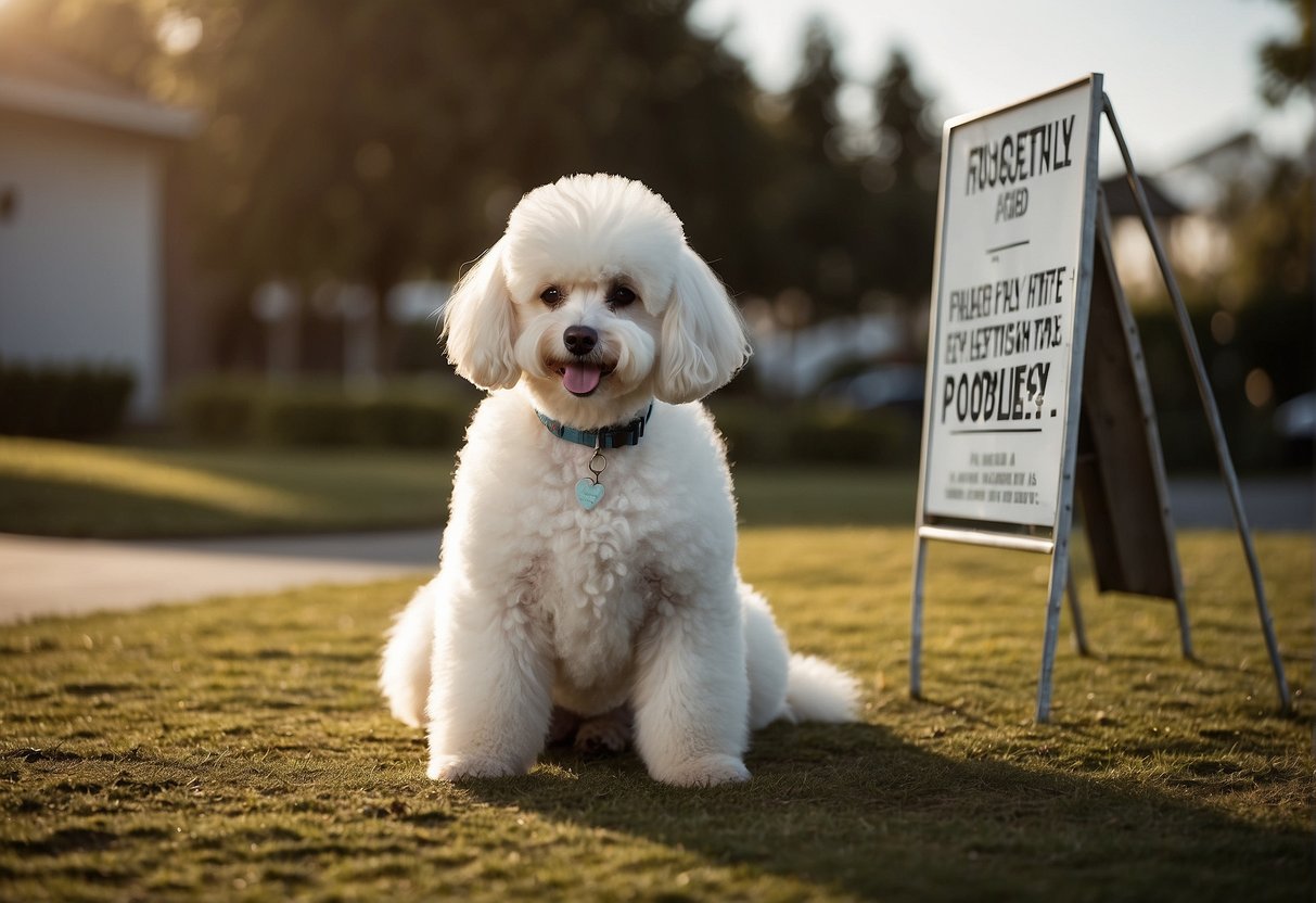 A fluffy white poodle sitting next to a sign that reads "Frequently Asked Questions: How much is a poodle?"