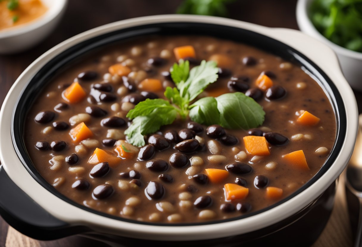 A slow cooker filled with bubbling black bean soup