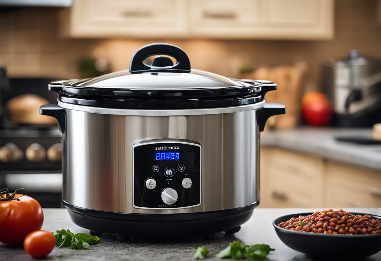 A slow cooker sits on a kitchen counter with a steaming pot of black bean soup. Ingredients like beans, tomatoes, and spices are scattered nearby