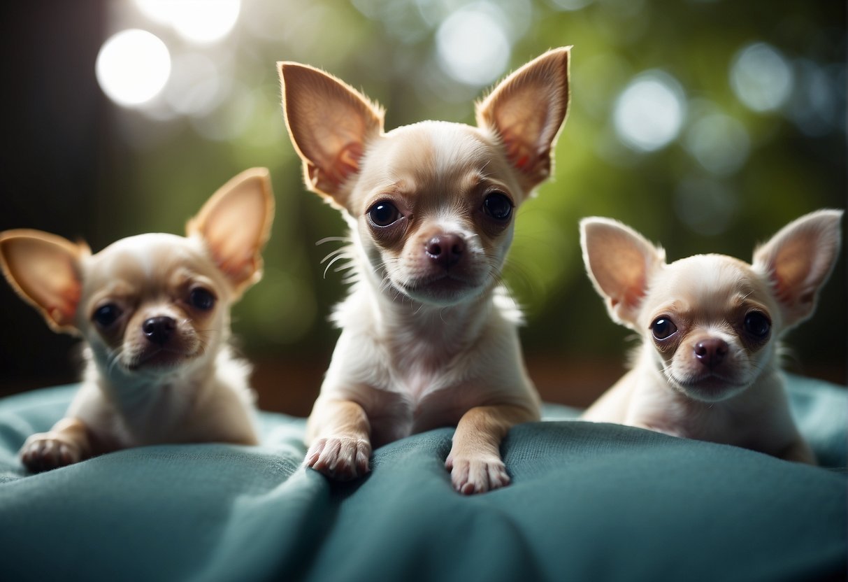 A Chihuahua puppy is born at two months, surrounded by its littermates and mother
