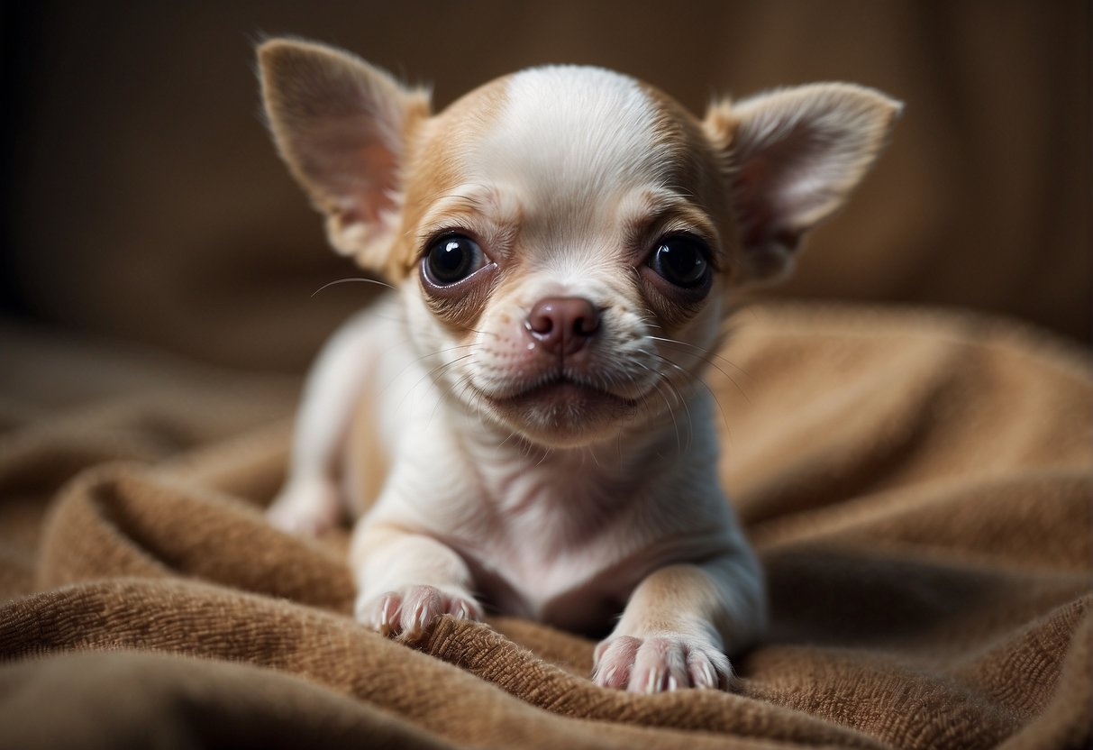 A newborn Chihuahua puppy opens its eyes and takes its first wobbly steps at just a few weeks old, growing rapidly in size and curiosity over the following months