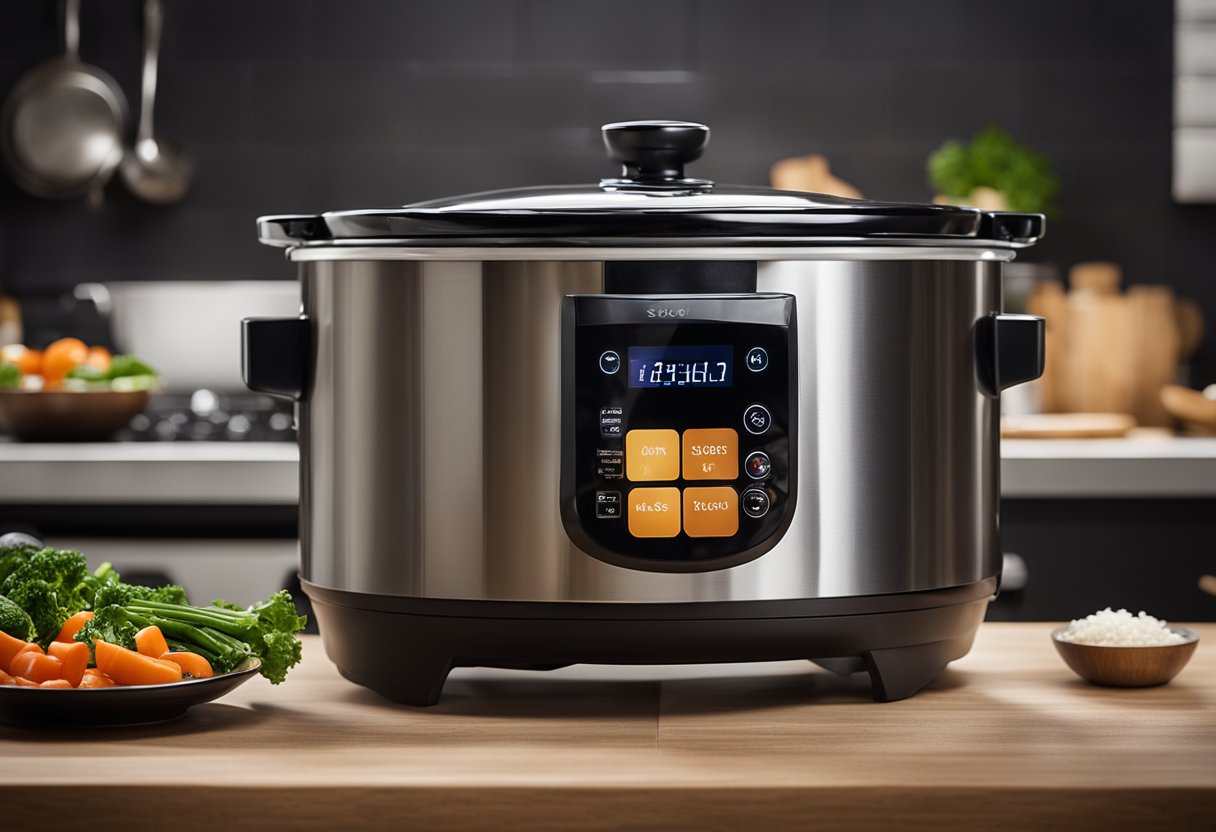 A slow cooker sits on a kitchen counter with a steaming pot of black bean soup. Steam rises from the pot, and a ladle rests on the side. Ingredients like beans and vegetables are scattered around