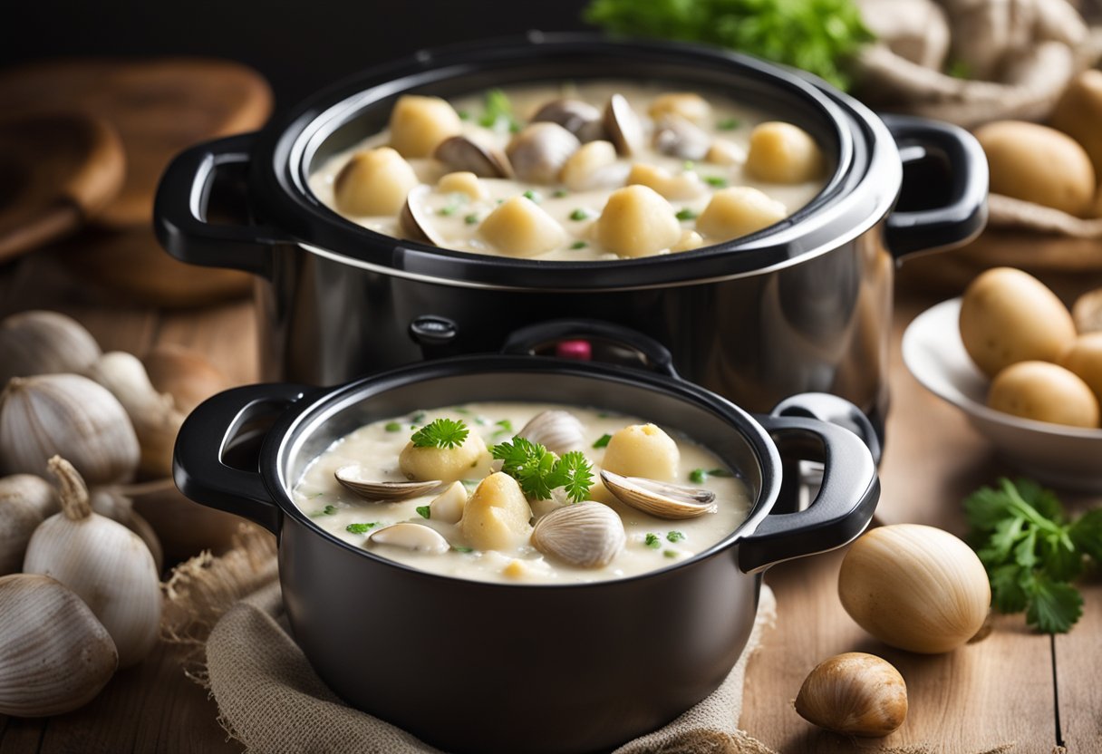 A bubbling slow cooker filled with creamy clam chowder, steam rising, surrounded by fresh clams, potatoes, and celery