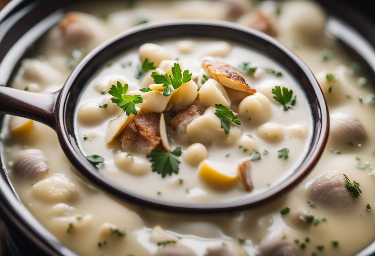A slow cooker bubbles with creamy clam chowder. Steam rises as potatoes, clams, and bacon simmer in a savory broth
