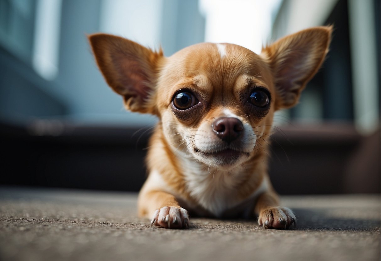 The chihuahua's stomach growls loudly, causing its little body to twitch and its ears to perk up in curiosity