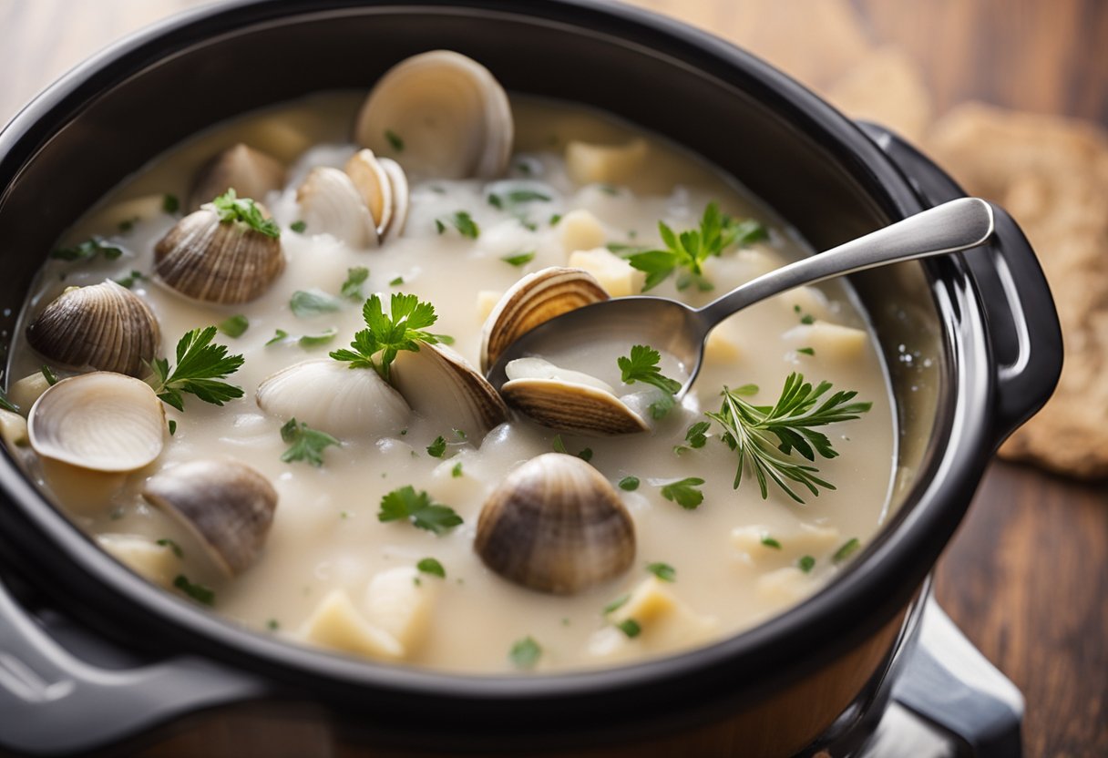 Steam rises from a bubbling slow cooker filled with clams, potatoes, and herbs. A ladle hovers over the pot, ready to scoop out a creamy serving of clam chowder