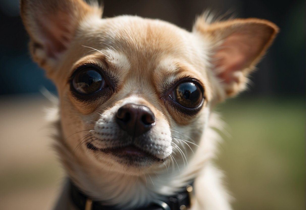 A small chihuahua with a rumbling stomach looks up curiously