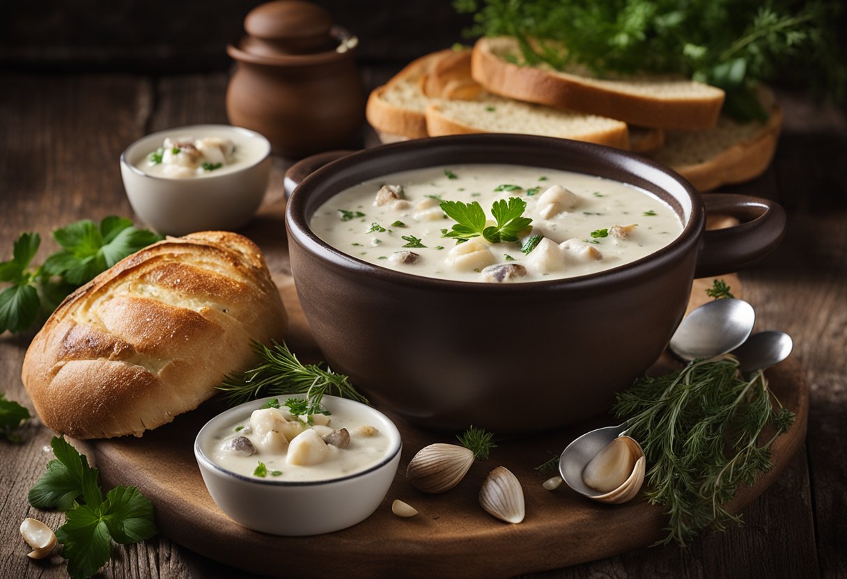 A steaming bowl of clam chowder surrounded by crusty bread and a sprinkle of fresh herbs on a rustic wooden table