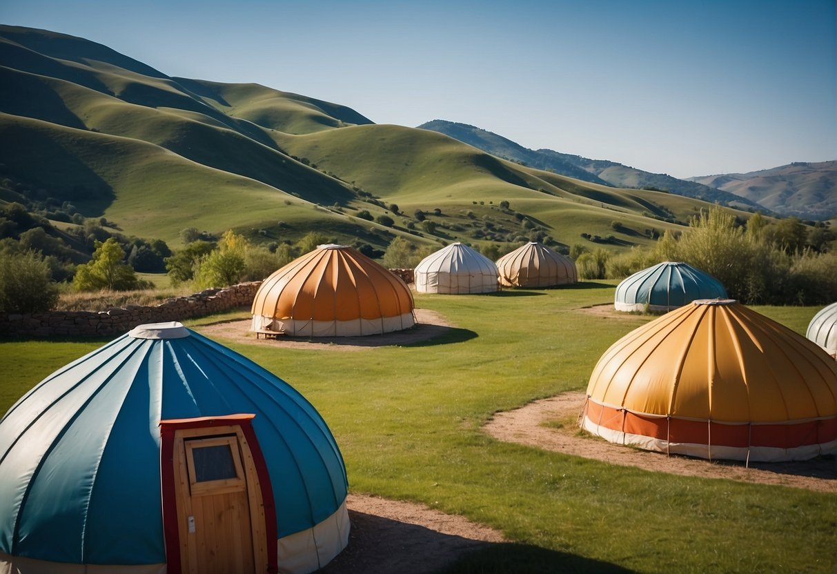 A row of colorful yurts sits against a backdrop of rolling hills and blue skies, with a price tag displayed prominently on each one