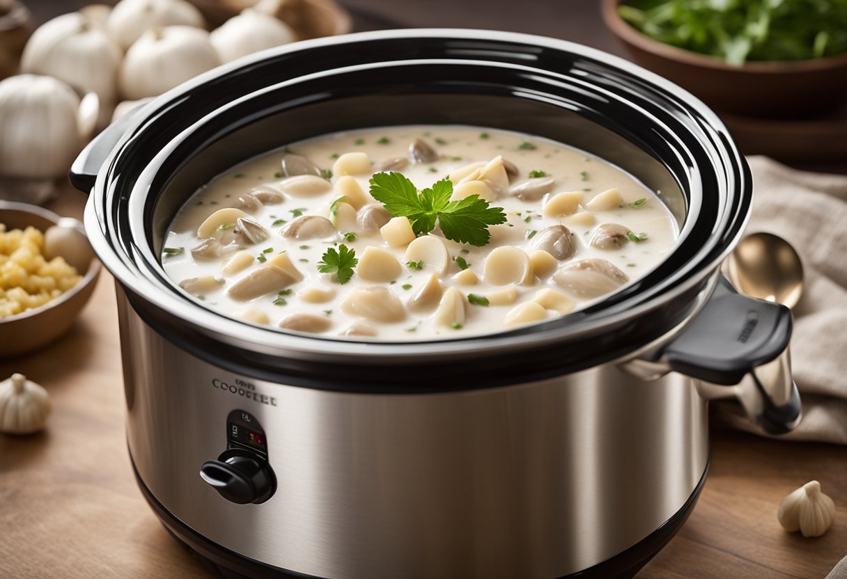 A slow cooker sits on a kitchen counter, filled with creamy clam chowder. A ladle rests on the side, ready to serve. Nutritional information is displayed on a nearby label