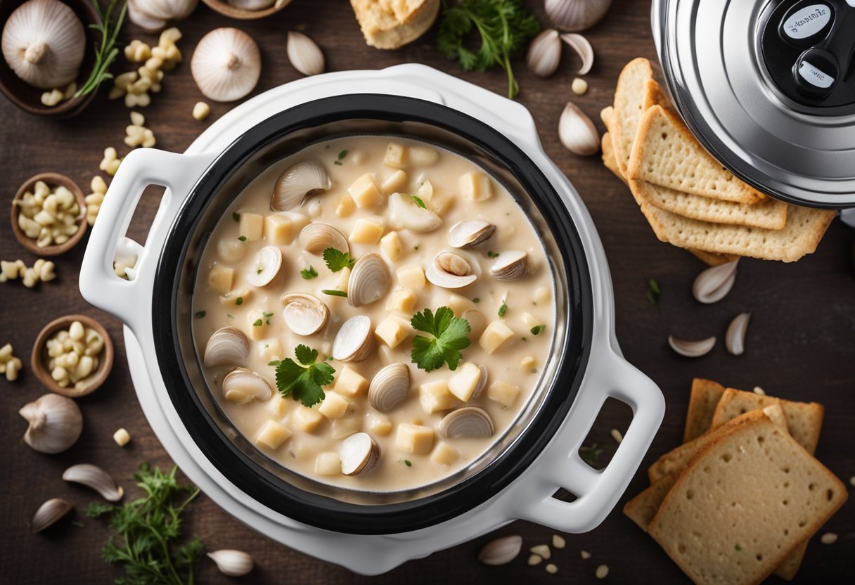 A slow cooker filled with creamy clam chowder, surrounded by various allergy warning symbols and text