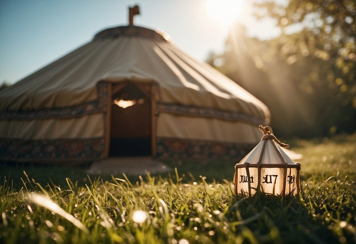 A yurt sits on a grassy plain with a price tag next to it. The sun shines overhead as birds fly in the distance