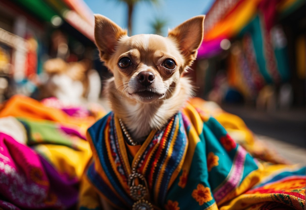 A chihuahua emerges from a colorful Mexican market, surrounded by vibrant textiles and traditional artwork. The sun shines brightly overhead, casting a warm glow on the scene