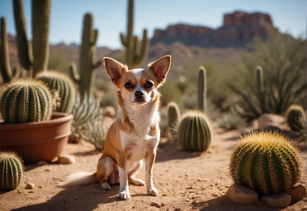 A small, desert landscape with ancient ruins and cacti. A Chihuahua dog stands proudly in the foreground, with a sense of history and origin