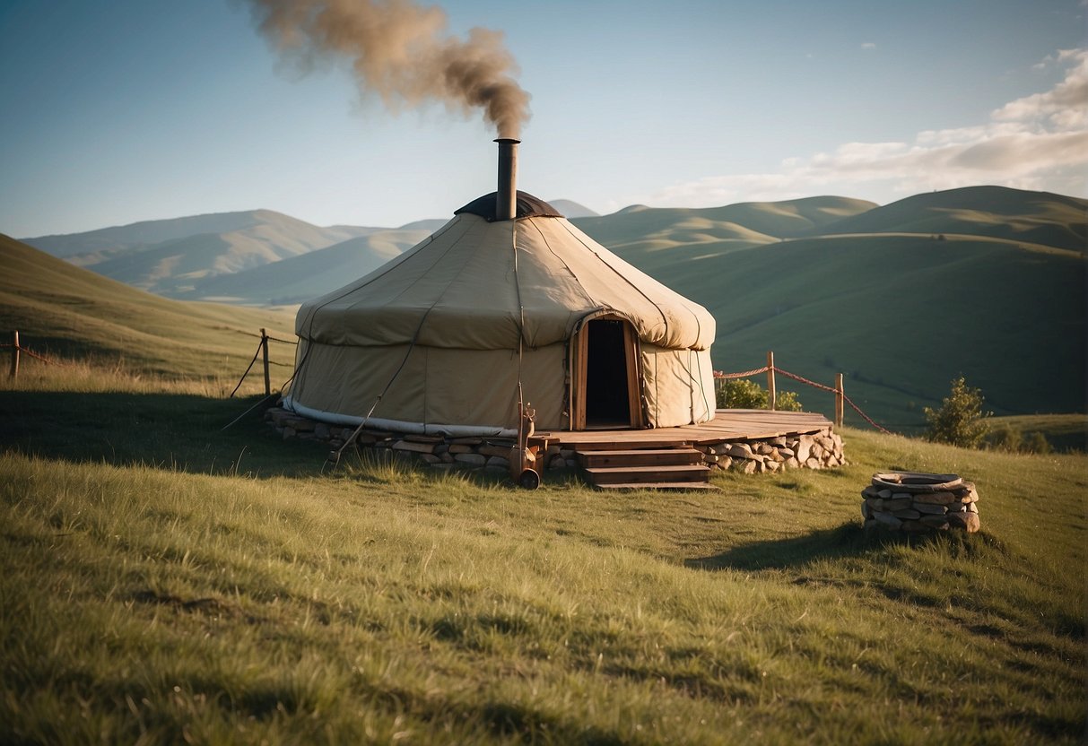 A yurt stands in a peaceful meadow, surrounded by rolling hills and a clear blue sky. Smoke rises from the chimney, and a small fire burns outside