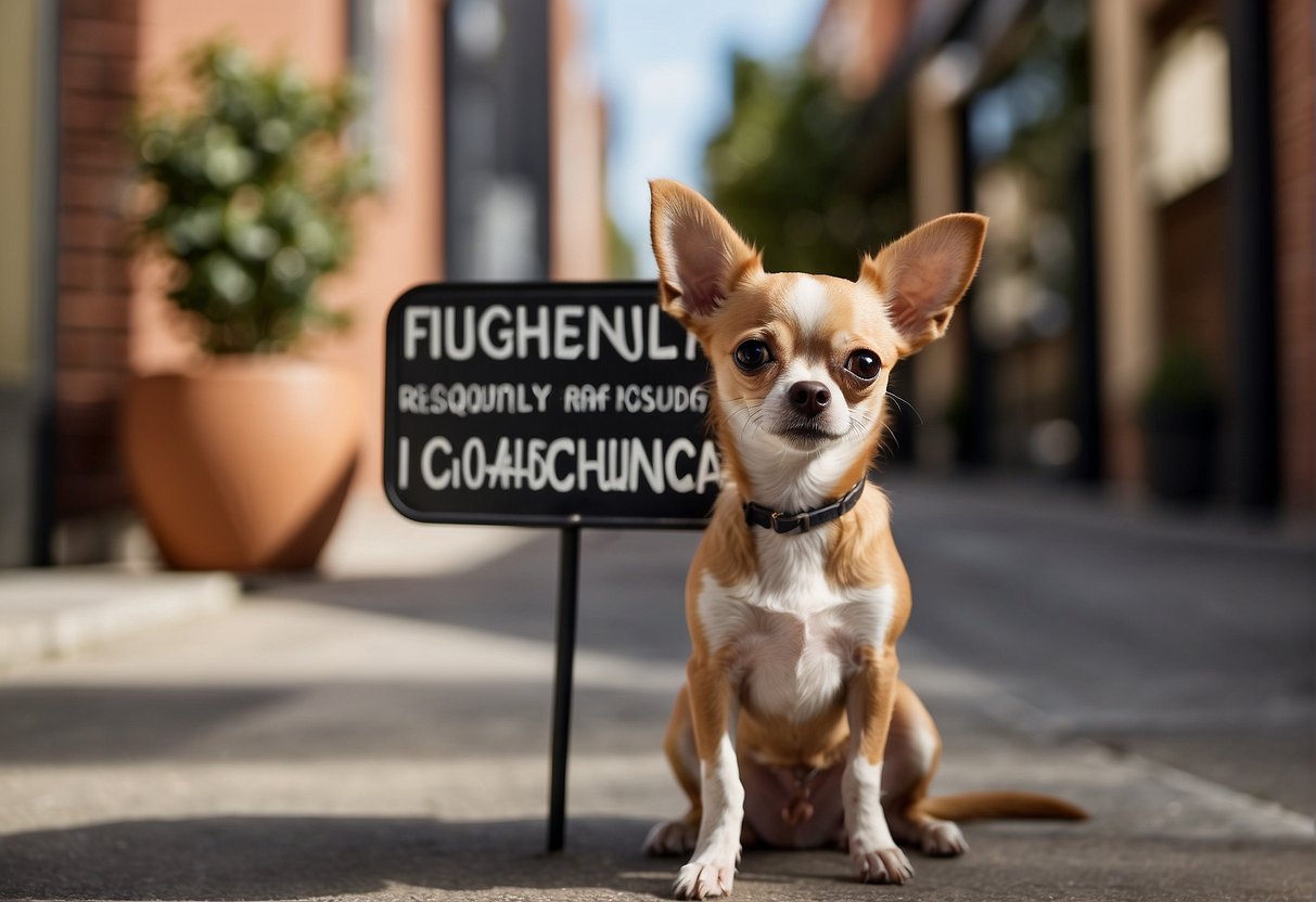 A small chihuahua stands in front of a sign that reads "Frequently Asked Questions: Where does the chihuahua come from?" The dog looks curious and alert