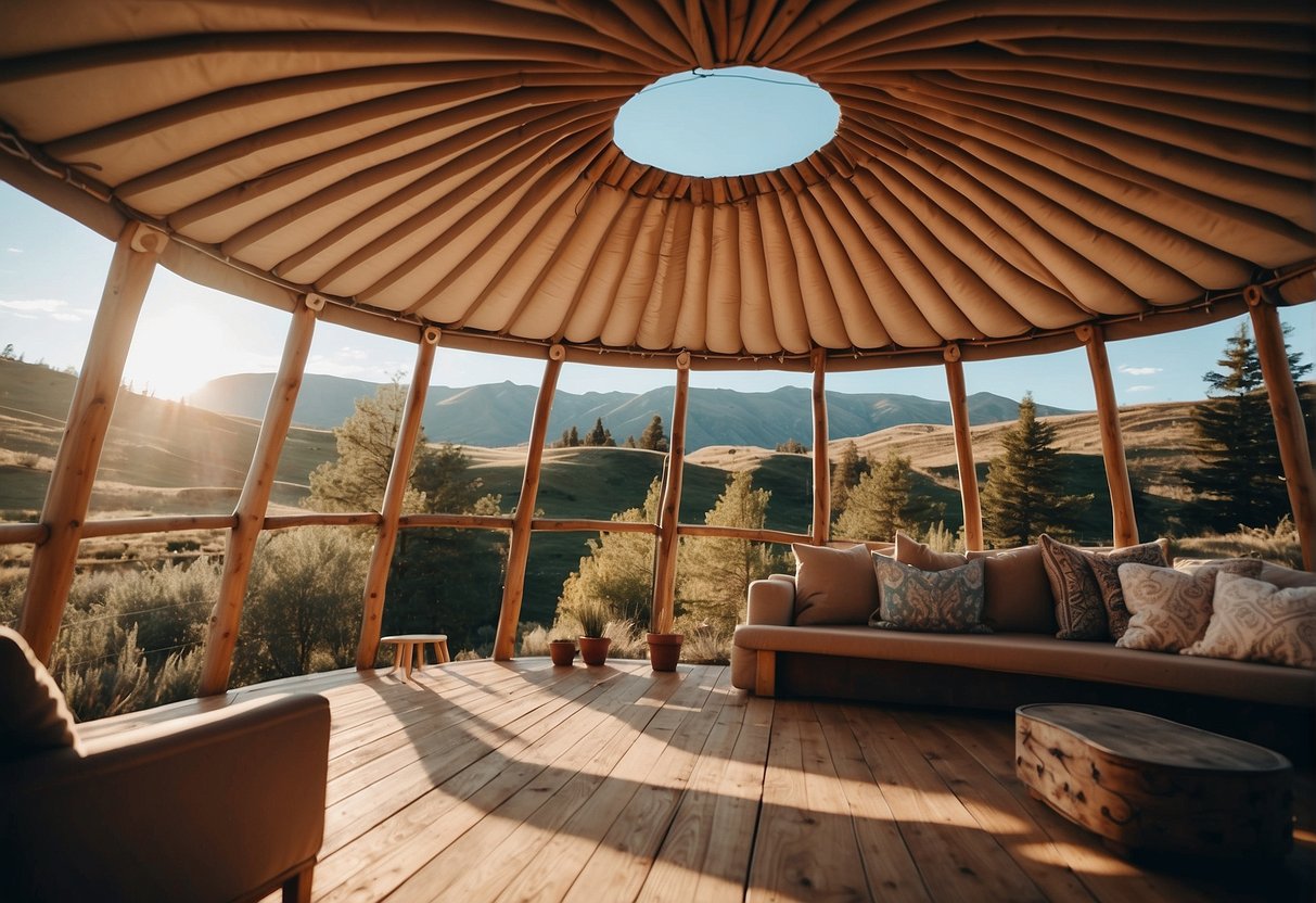 A yurt surrounded by nature, with a clear blue sky and rolling hills in the background