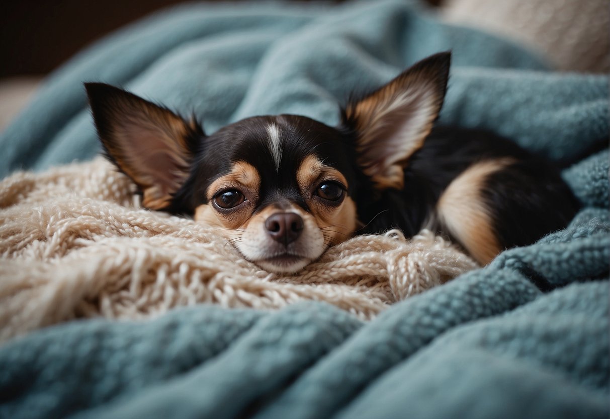A chihuahua sleeps peacefully on a cozy blanket