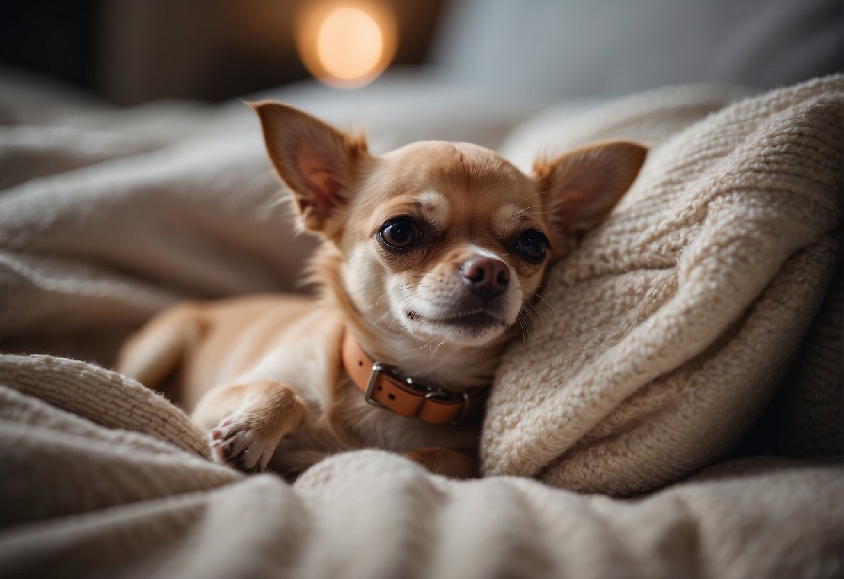 A Chihuahua sleeping peacefully in a cozy bed, surrounded by soft blankets and pillows, with a content expression on its face