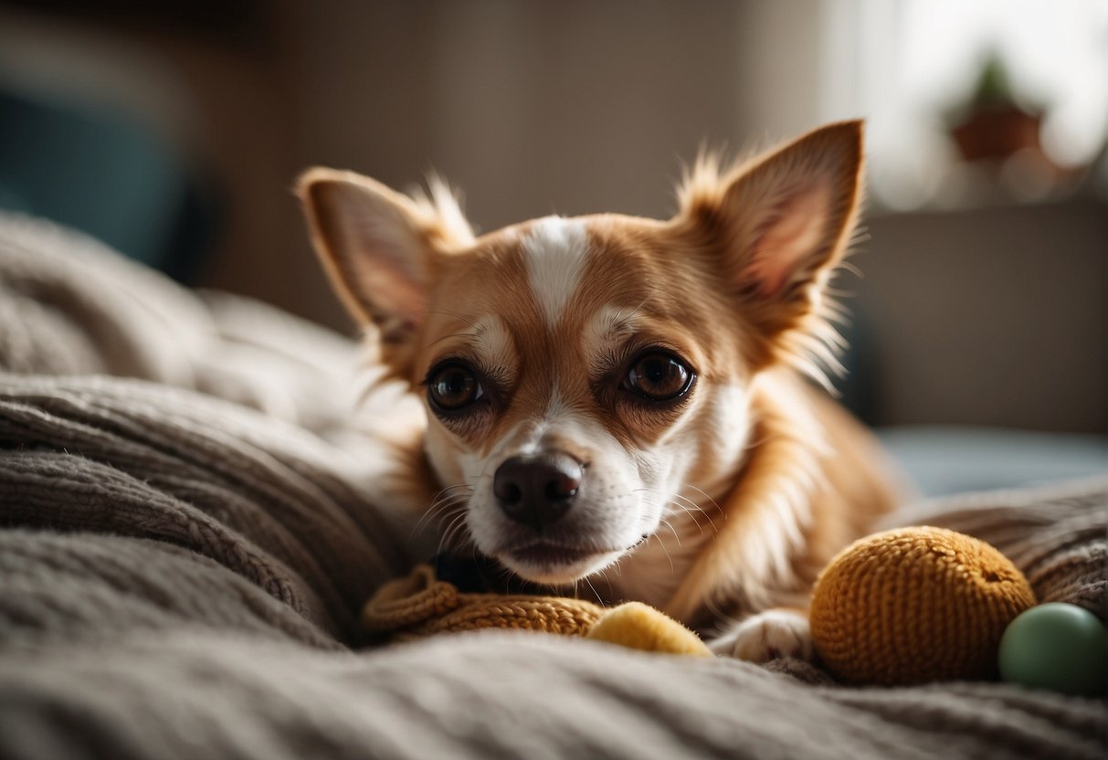 A chihuahua sleeping peacefully on a cozy bed, surrounded by toys and a water bowl, with a concerned owner looking on