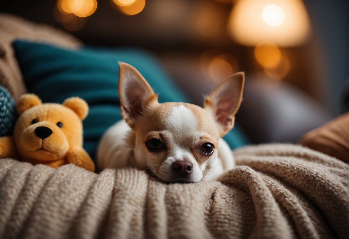 A chihuahua sleeping peacefully on a soft cushion, surrounded by toys and a cozy blanket