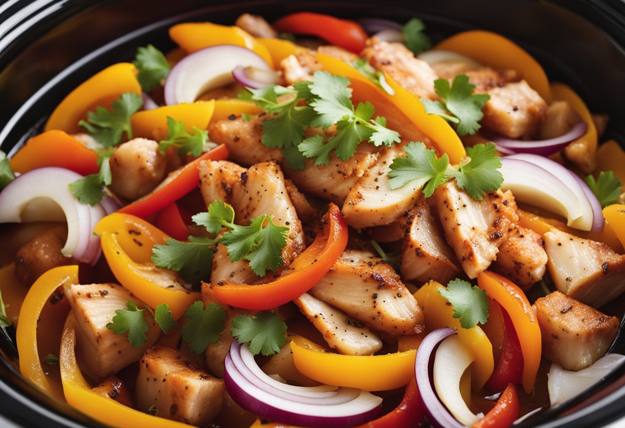 Sliced chicken, bell peppers, and onions sizzling in a slow cooker with a blend of aromatic spices