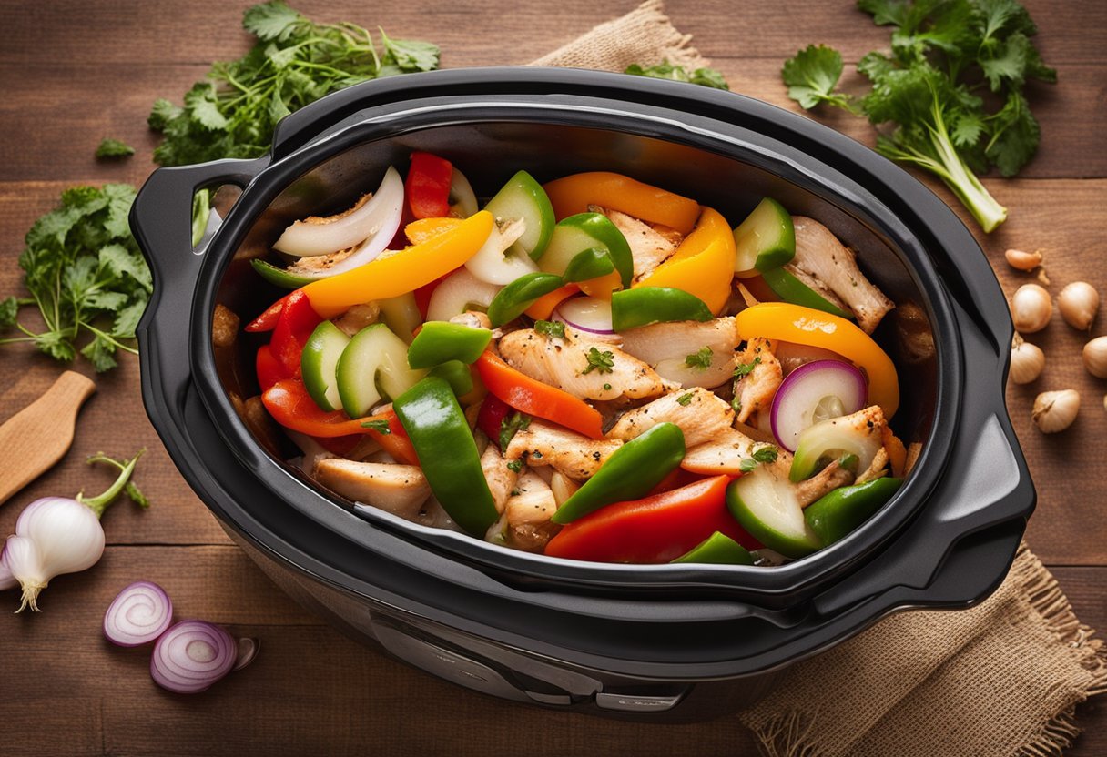 Sliced chicken, bell peppers, and onions sizzling in a slow cooker with a blend of Mexican spices