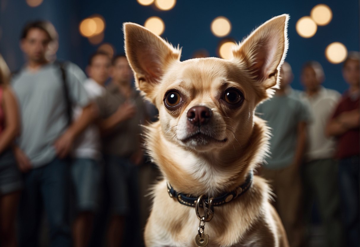 A chihuahua with perky ears stands alert, surrounded by curious onlookers with questioning expressions